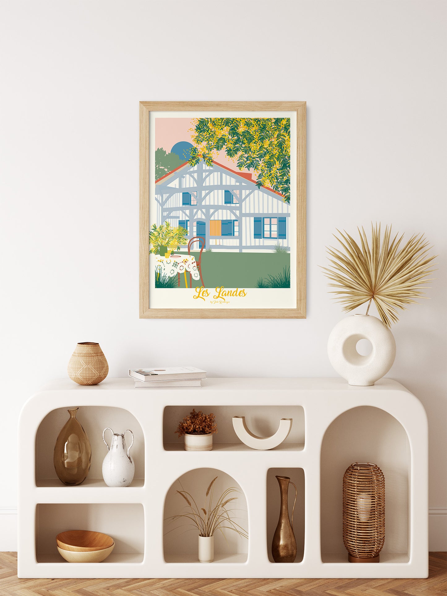 Affiche décorative d’une maison landaise et de mimosas en intérieur, idéale pour une déco campagne chic et bohème.