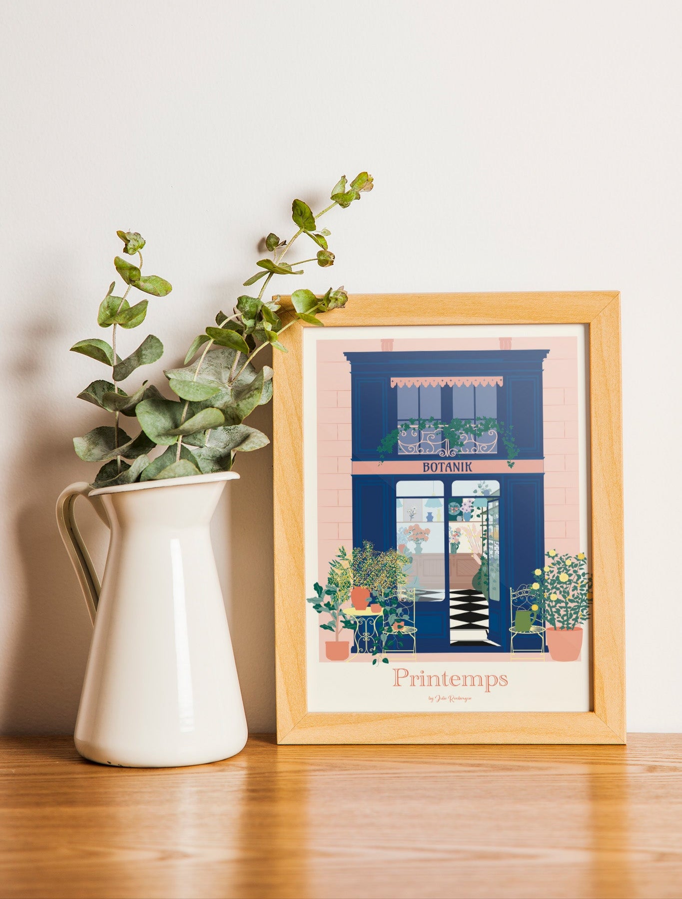 Carte postale encadrée Boutique Fleurie – illustration décorative pour une touche végétale et colorée.