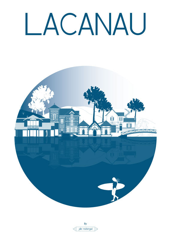 Affiche Lacanau La Ville en version bleu cobalt – dessin stylisé des villas typiques et de l’ambiance surf de la station balnéaire.