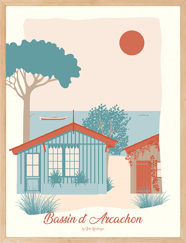 Affiche illustrée intitulée BASSIN D'ARCACHON, L'Herbe par Julie Roubergue. L'affiche est dans des tons pastels.