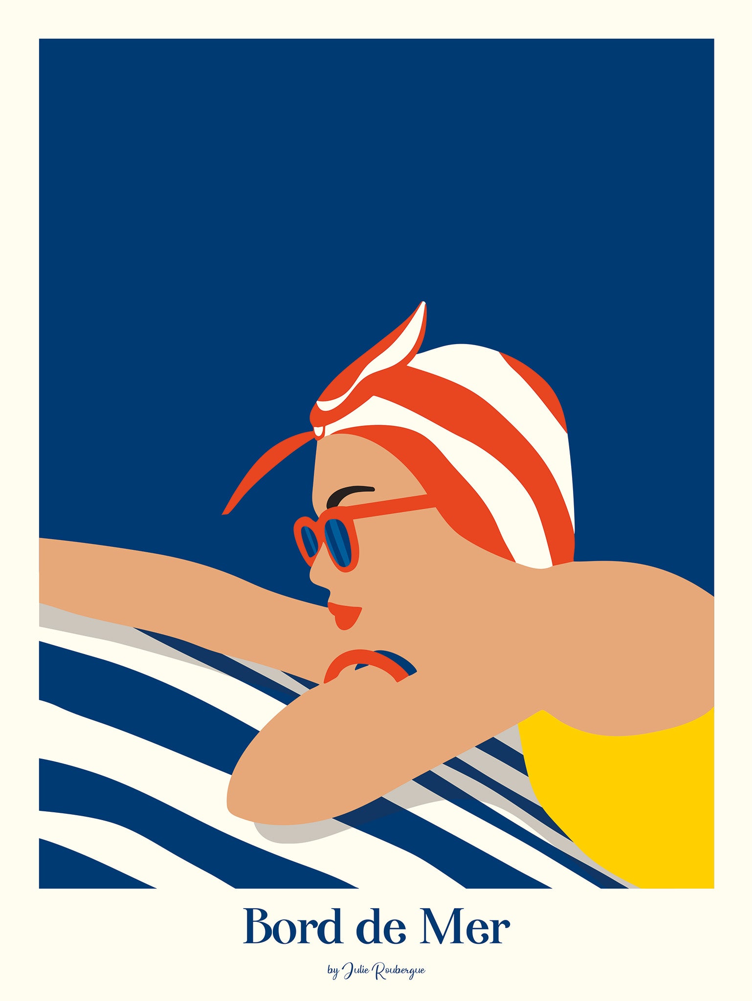 Illustration rétro d’une femme sur une serviette rayée, lunettes rouges et bras tendu, ambiance graphique estivale bord de mer.