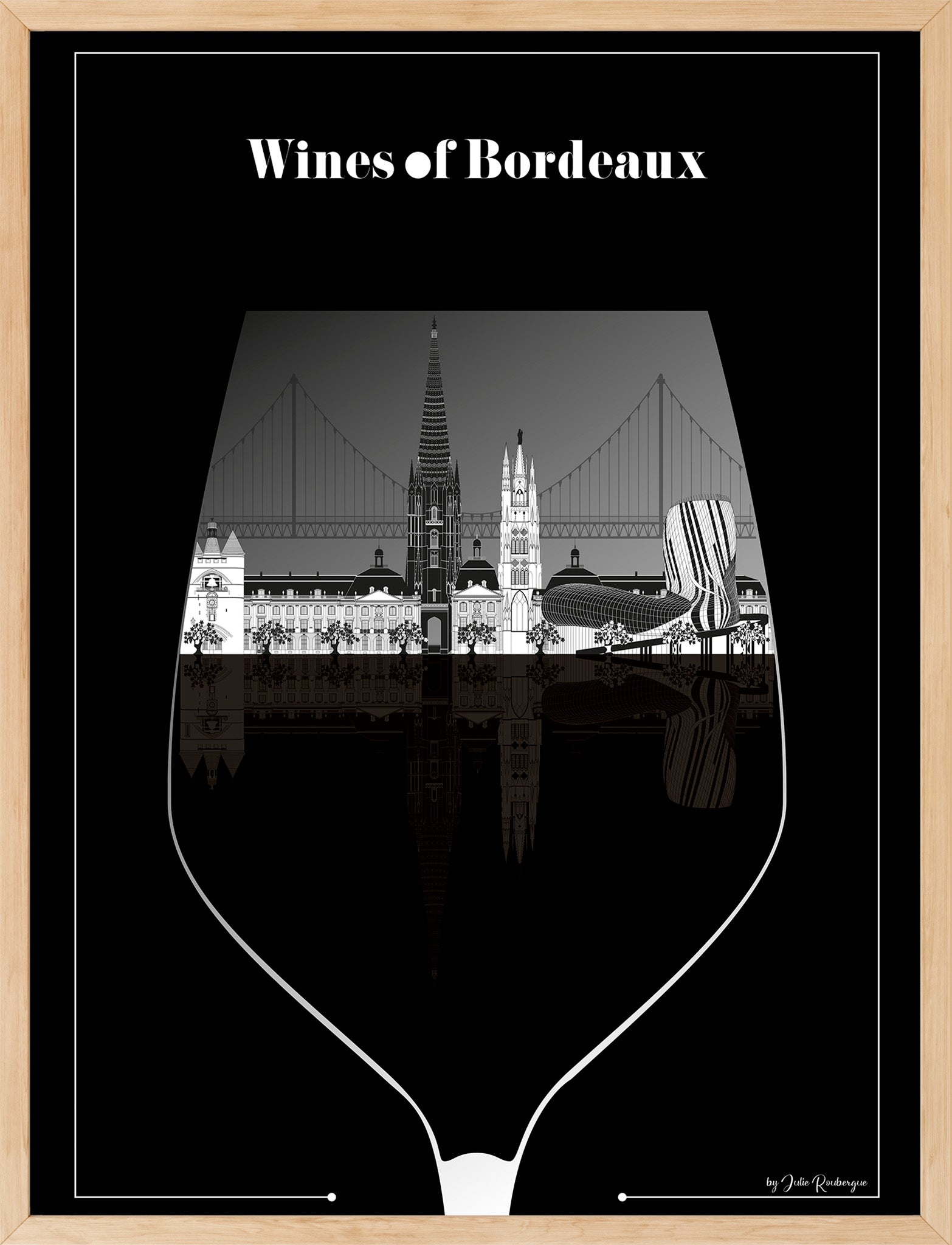 Affiche Bordeaux – Le Verre de Vin encadrée, format 50x70 cm, idéale pour une décoration murale sur le thème du vin et de l’architecture.