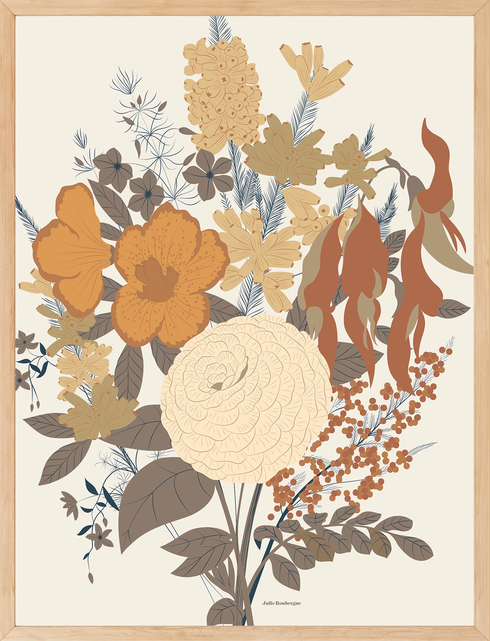 Affiche florale automnale encadrée dans un cadre en bois naturel, ambiance chaleureuse.