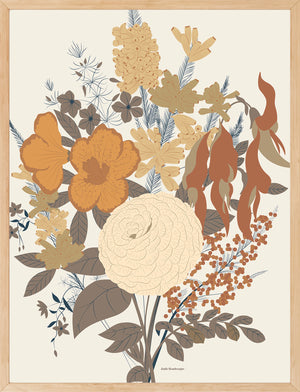 Affiche florale automnale encadrée dans un cadre en bois naturel, ambiance chaleureuse.
