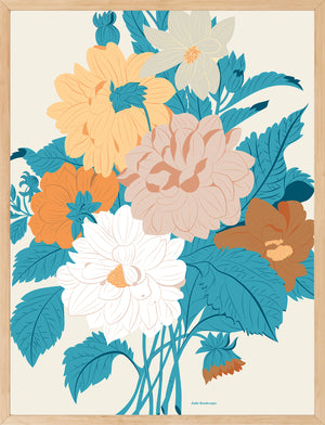 Affiche "Bouquet d’Hiver" encadrée en bois clair, posée sur une étagère minimaliste.