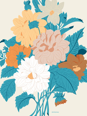 Illustration florale hivernale aux teintes douces : blanc, vert bleuté et bruns, sur fond crème.