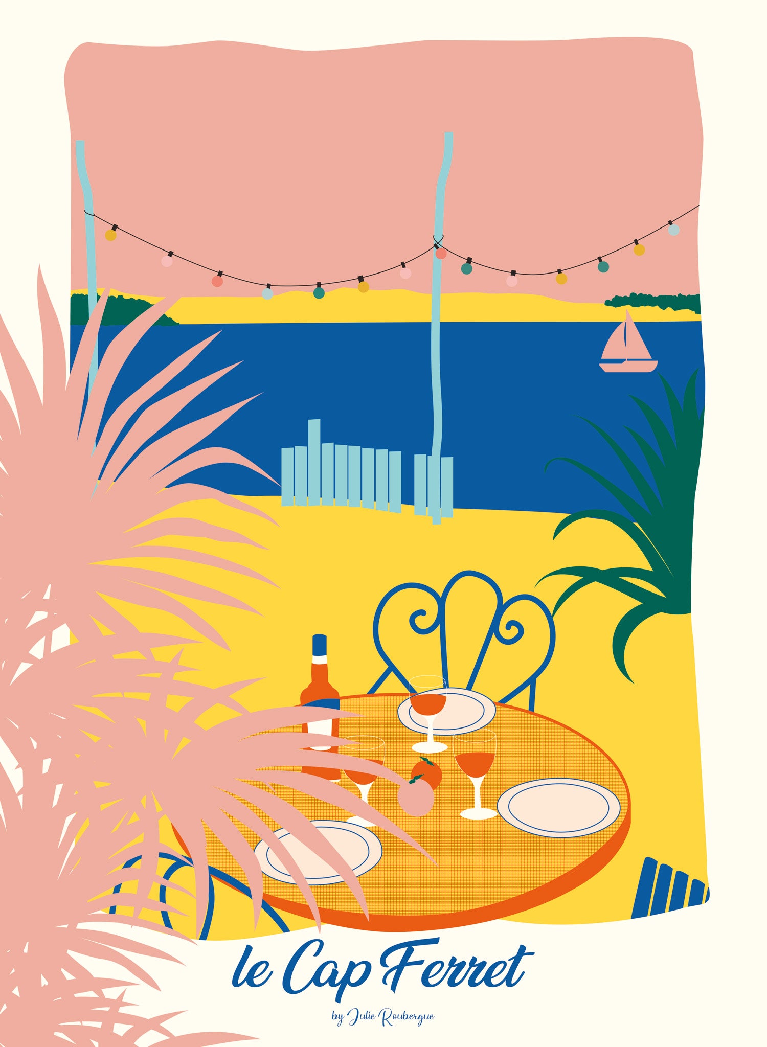 Affiche déco Cap Ferret – La Cabane, version colorée, sans cadre, ambiance estivale sur le Bassin d’Arcachon.