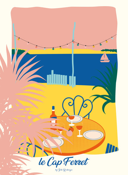 Affiche déco Cap Ferret – La Cabane, version colorée, sans cadre, ambiance estivale sur le Bassin d’Arcachon.
