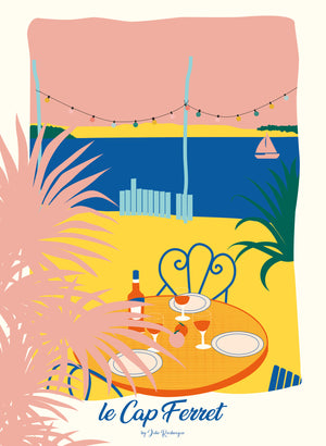 Affiche déco Cap Ferret – La Cabane, version colorée, sans cadre, ambiance estivale sur le Bassin d’Arcachon.