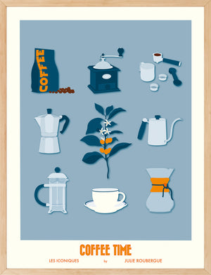 Affiche "Coffee Time – Les Iconiques" en version bleue, encadrée en bois clair.