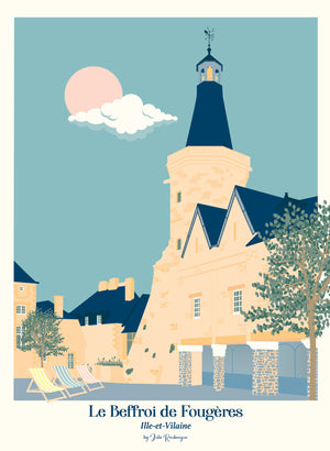 Affiche illustrée du Beffroi de Fougères, en Bretagne, dans des tons doux de bleu et sable, par Julie Roubergue.