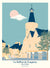 Affiche illustrée du Beffroi de Fougères, en Bretagne, dans des tons doux de bleu et sable, par Julie Roubergue.