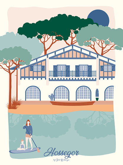 Illustration d'Hossegor - Le Lac, affiche décorative aux couleurs douces, idéale pour une déco bord de mer et un intérieur apaisant.