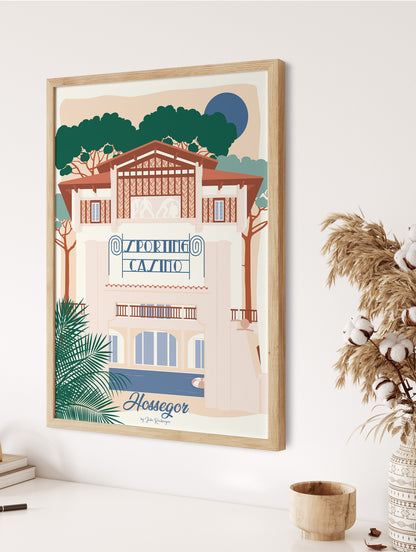 Affiche du Sporting d’Hossegor mise en scène dans un intérieur, parfaite pour une décoration balnéaire et raffinée.