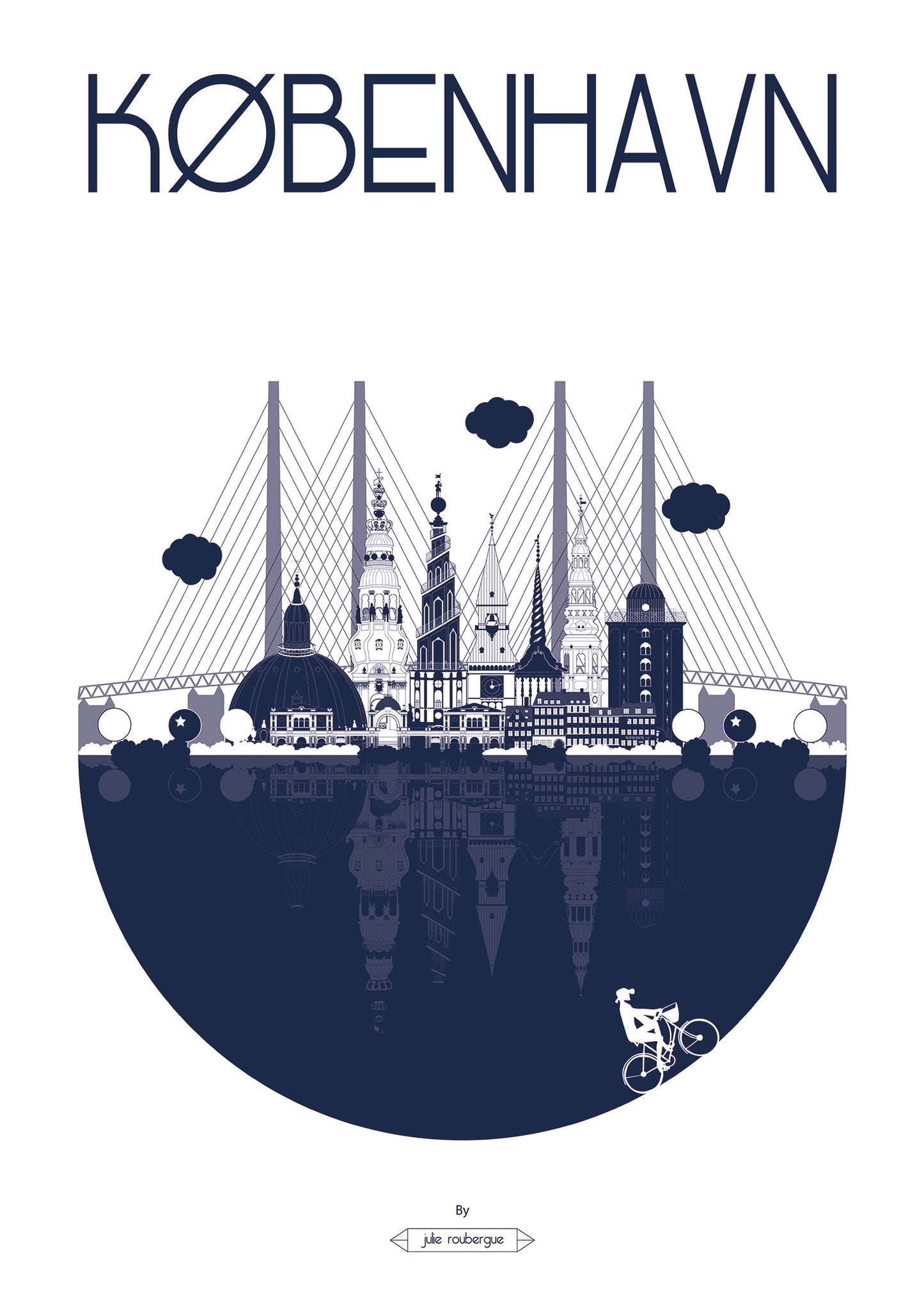 Affiche marine de Copenhague – illustration graphique des monuments emblématiques de la ville dans un style épuré et design.