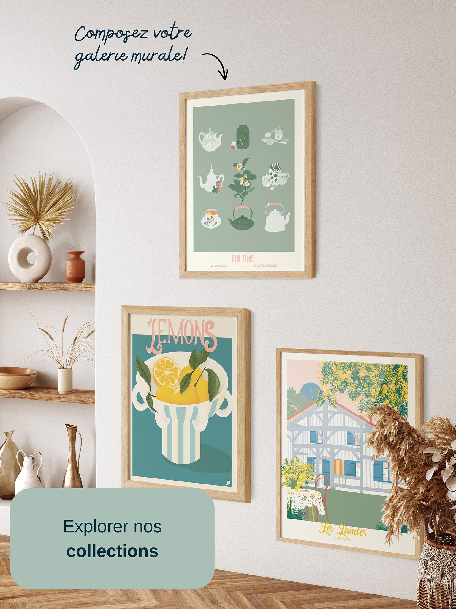 Galerie murale avec l’affiche Lemons Bloom associée à d’autres illustrations déco douce dans un intérieur chaleureux.