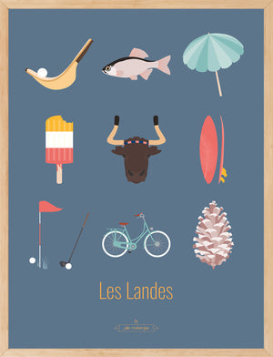 Affiche Les Landes – Les Iconiques en bleu, encadrée dans un intérieur moderne et épuré