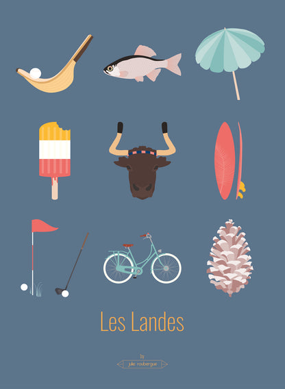 Affiche déco Les Landes – Les Iconiques en bleu, illustration graphique de 9 symboles landais sur fond bleu.