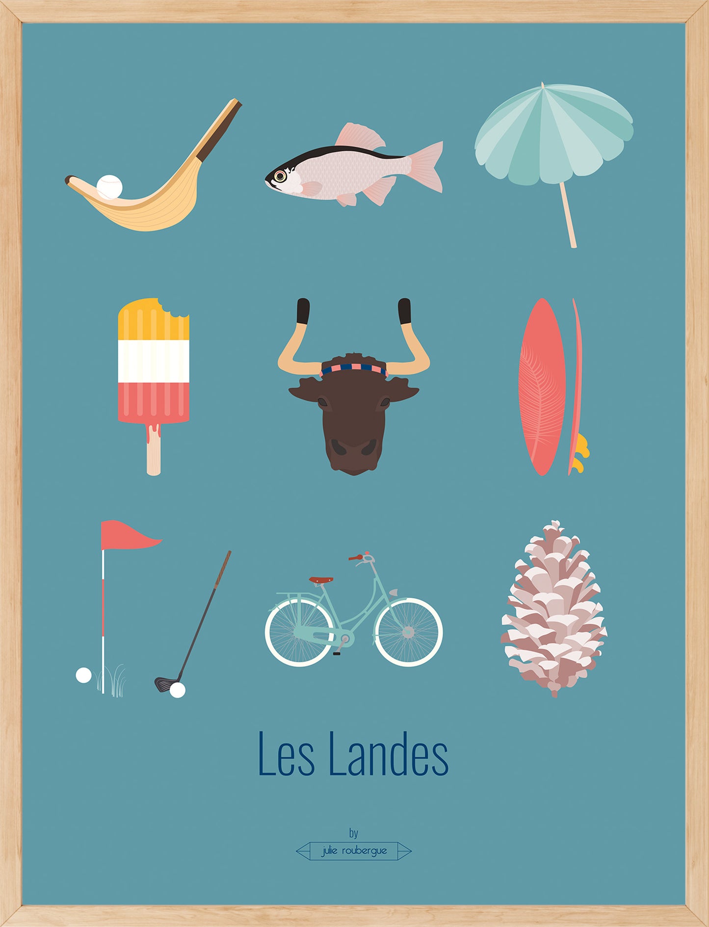 Affiche Les Landes – Les Iconiques fond turquoise, encadrée avec baguettes en chêne
