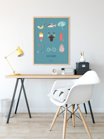  Affiche Les Landes – Les Iconiques en turquoise, exposée dans un bureau lumineux à l’ambiance studieuse.