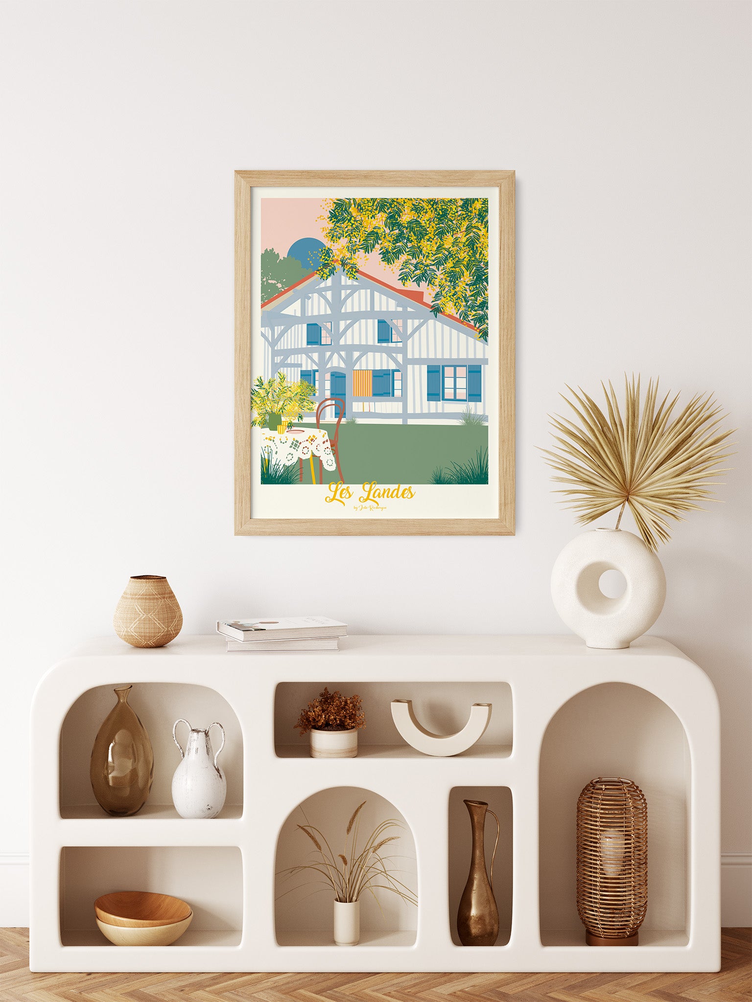  Affiche décorative d’une maison landaise et de mimosas en intérieur, idéale pour une déco campagne chic et bohème.