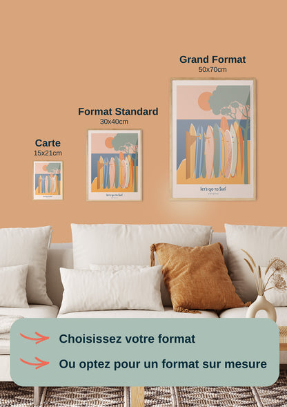 Affiche Let's Go to Surf disponible en plusieurs formats tailles 15x21 30x40 et 50x70 cm