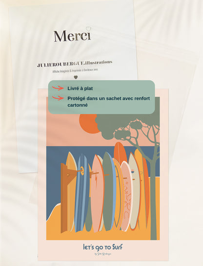 Affiche Let's Go to Surf livrée à plat dans pochette de protection avec support cartonné