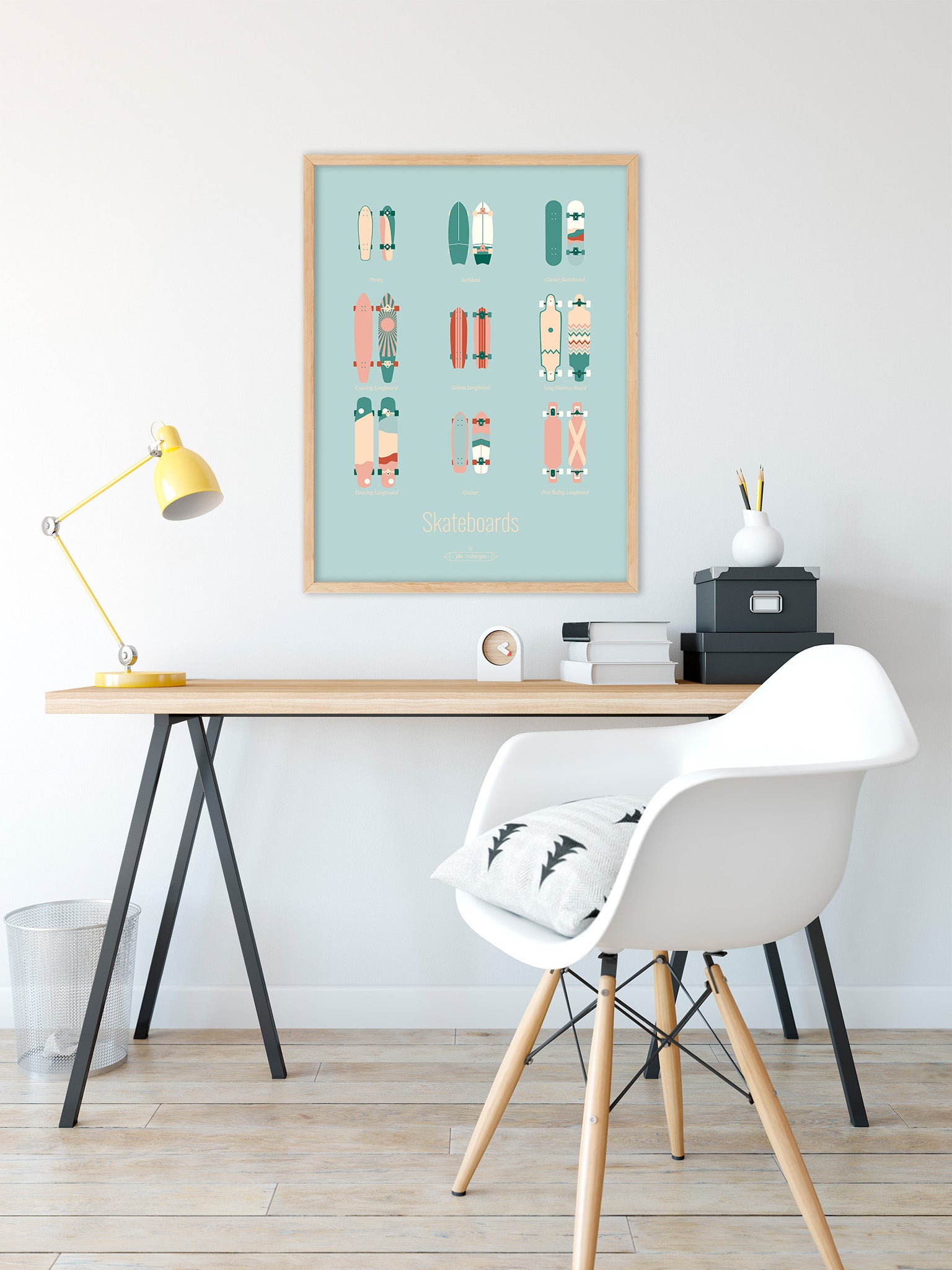 Affiche Skateboards – Les Iconiques (palette pastel) en situation dans un bureau ou un intérieur cosy.