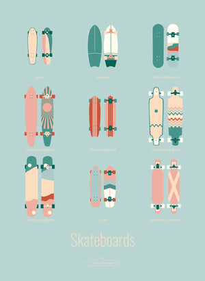 Affiche Skateboards – Les Iconiques (palette pastel), format 30x40 cm, sans cadre