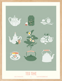 Affiche "Tea Time – Les Iconiques" encadrée dans un cadre bois clair, ambiance déco vintage et chaleureuse