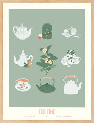 Affiche "Tea Time – Les Iconiques" encadrée dans un cadre bois clair, ambiance déco vintage et chaleureuse