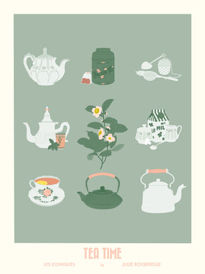 Illustration seule de l'affiche "Tea Time – Les Iconiques" avec objets du rituel du thé sur fond vert sauge