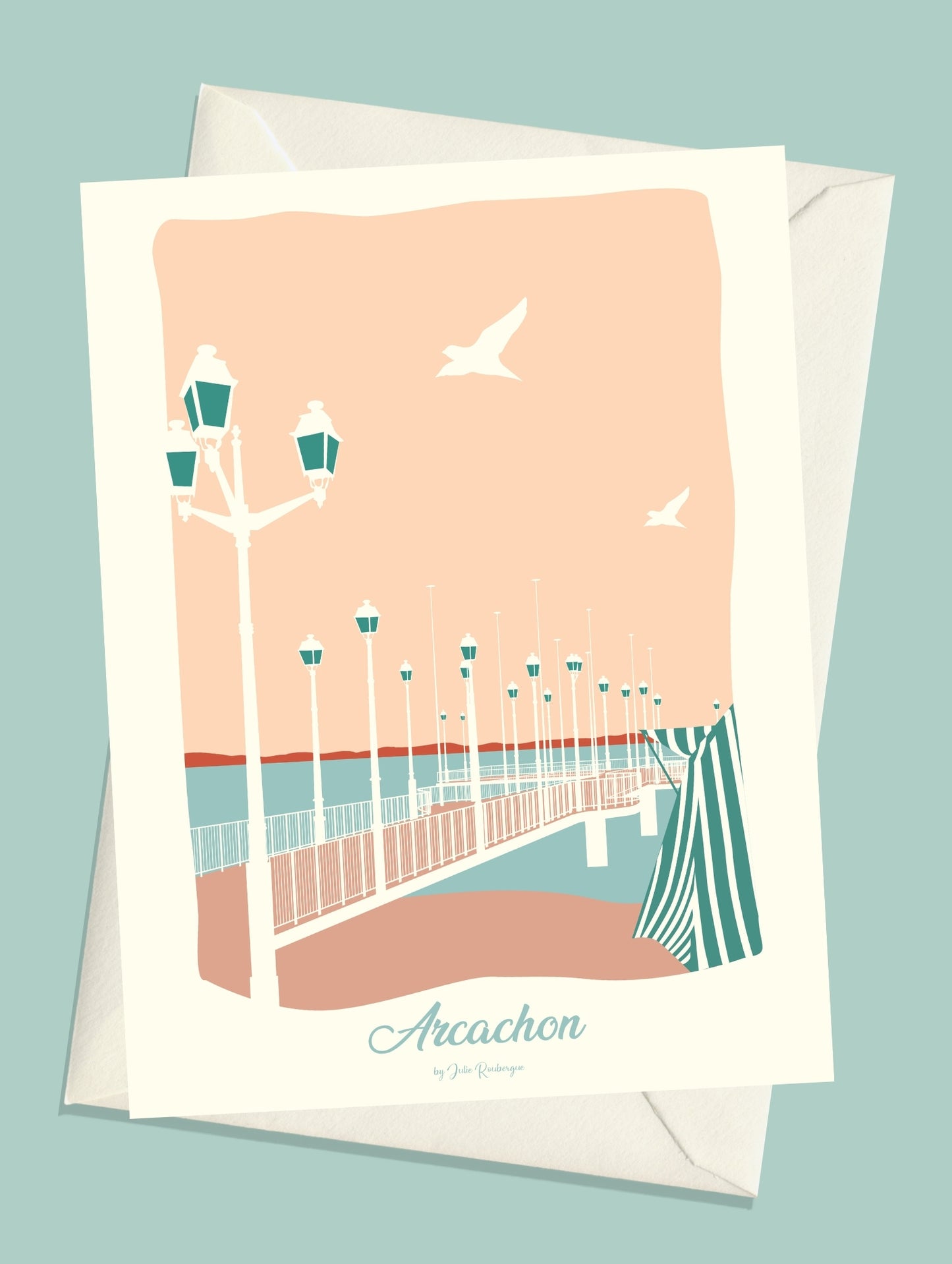 Carte postale illustrée intitulée “Arcachon, Jetée Thiers” par Julie Roubergue, représentant le fameux debarcadère dans des tons pastel.