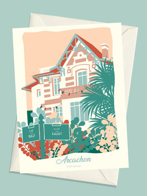 Carte postale illustrée intitulée “Arcachon, Ville d'Hiver” par Julie Roubergue, représentant une belle villa de ce fameux quartier d'Arcachon dans des tons pastel.