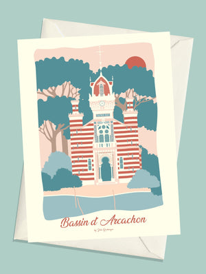 Carte postale illustrée intitulée “Bassin d'Arcachon, La Chapelle” par Julie Roubergue, représentant la chapelle de la villa Algérienne au bord de l'eau dans les tons pastel.