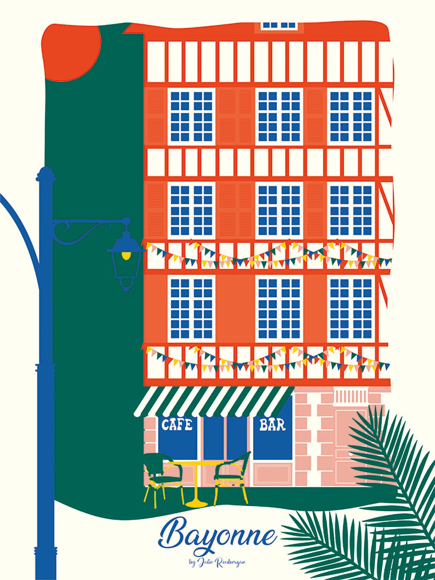 Carte postale illustrée intitulée “Bayonne, La Terrasse” par Julie Roubergue, représentant une terrasse de café bar dans des tons colorés.