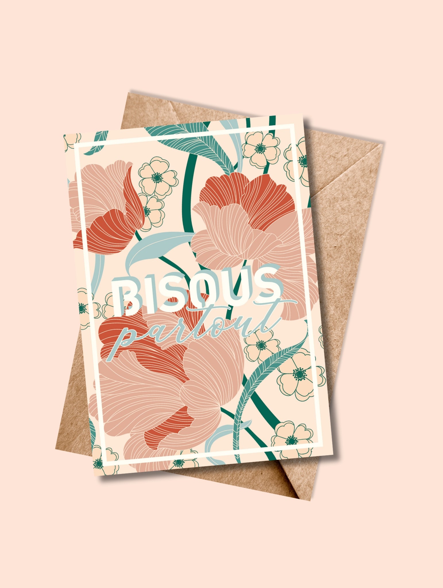 Carte postale BISOUS PARTOUT pastel avec enveloppe kraft assortie
