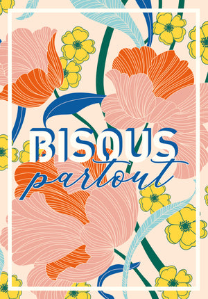 Carte de vœux florale BISOUS PARTOUT – version vive aux couleurs éclatantes.