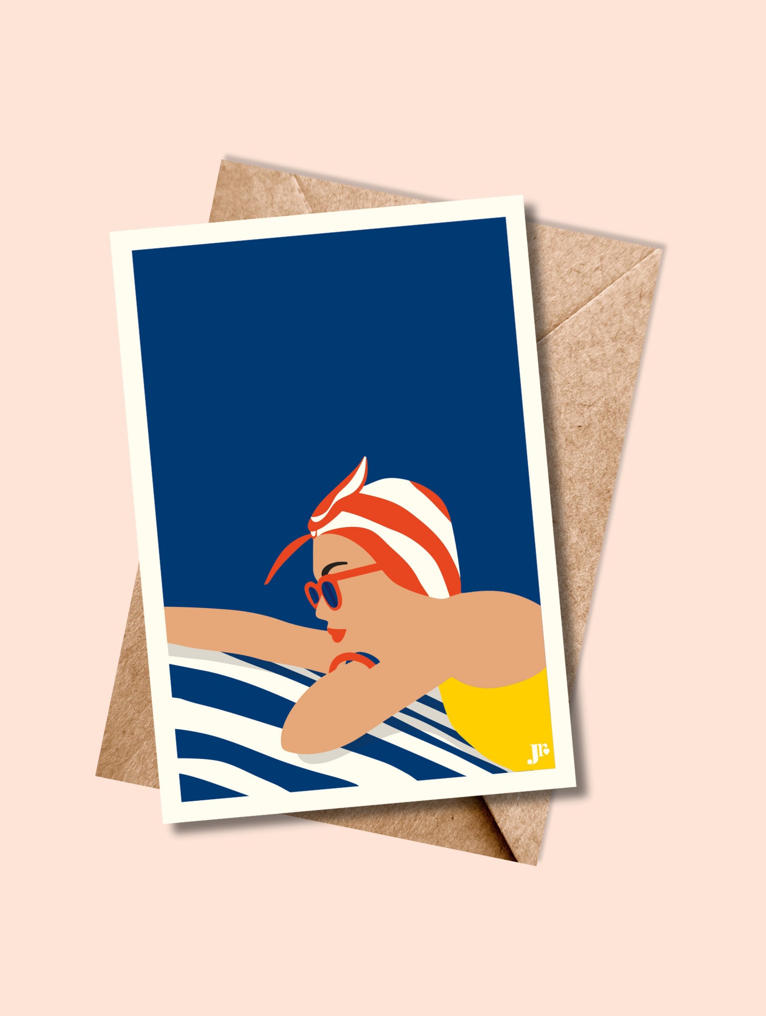 Carte postale Plongeon Estival avec enveloppe kraft – format 10x15 cm, style graphique rétro.