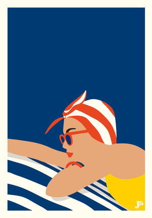 Carte postale Bord de Mer – Plongeon Estival par Julie Roubergue. Illustration estivale vintage.