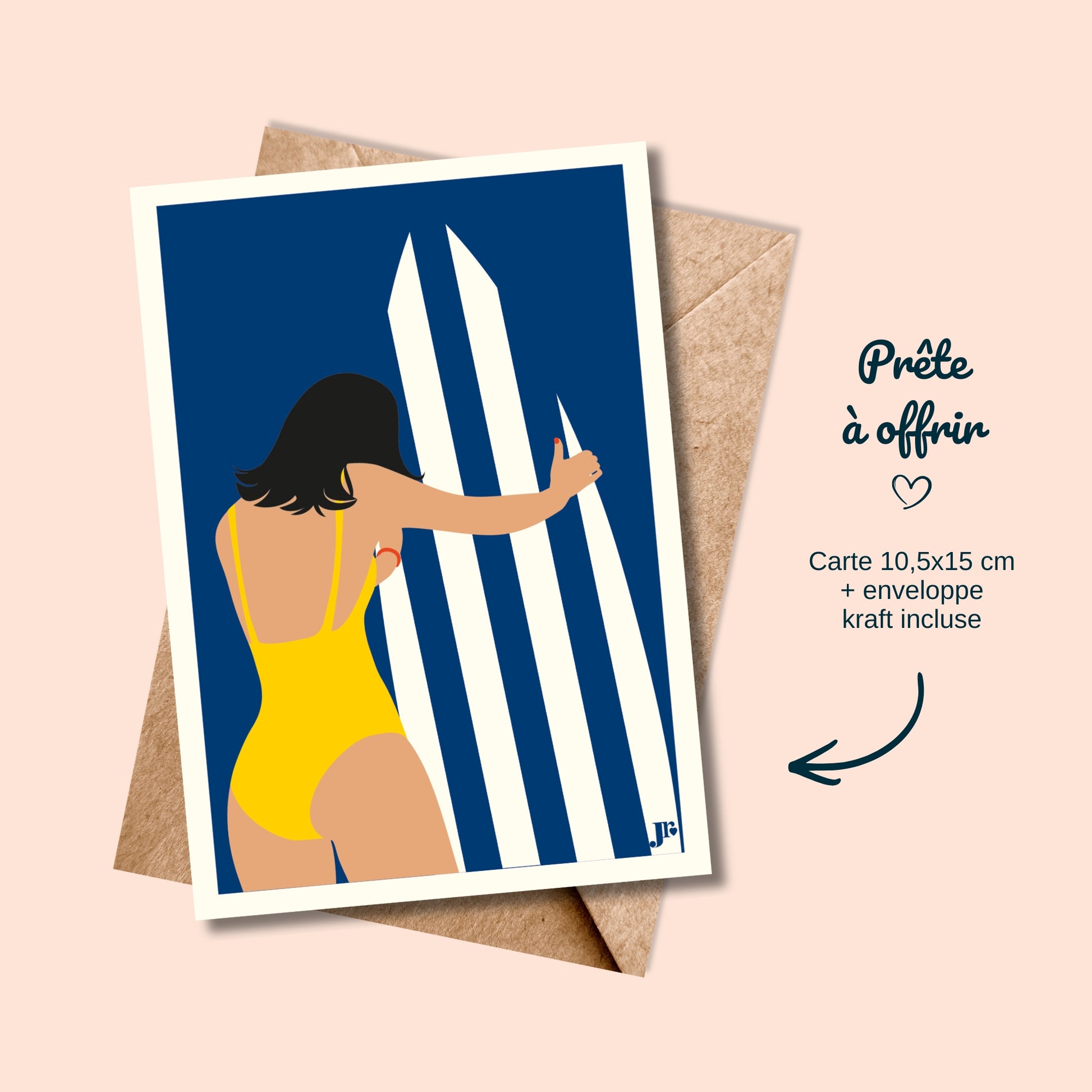 Carte postale Bord de Mer, Retour du Surf avec enveloppe kraft prête à offrir illustration Julieroubergue
