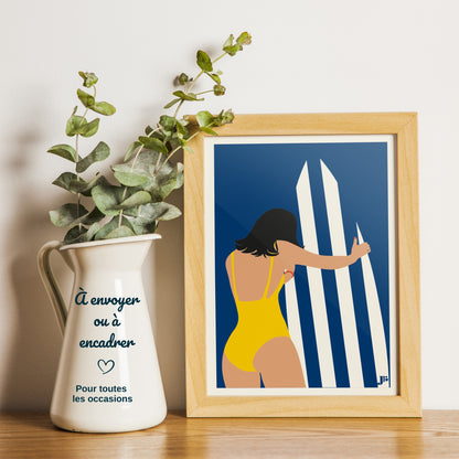 Carte postale Bord de Mer, Retour du Surf en décoration sur bureau idée cadeau illustration Julieroubergue