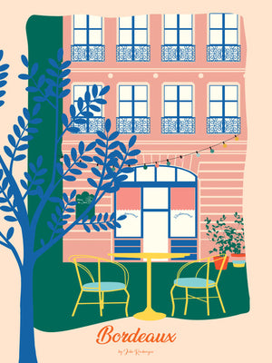 Carte postale illustrée intitulée “Bordeaux, La Terrasse” par Julie Roubergue, représentant une des fameuses terrasses de la capitale girondine  dans des tons colorés.