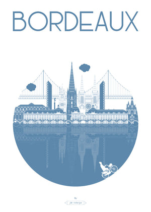 Carte postale illustrée intitulée “Bordeaux, La Ville” par Julie Roubergue, représentant de façon graphique les monuments emblématiques de Bordeaux en bleuet.