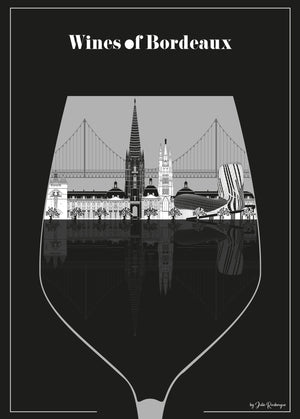 Carte postale illustrée intitulée “Bordeaux, Le Verre de Vin" par Julie Roubergue, représentant de façon graphique les monuments emblématiques de Bordeaux dans un verre de vin en noir et blanc.