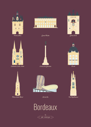 Carte postale illustrée intitulée “Bordeaux, Les iconiques” par Julie Roubergue, représentant les monuments emblématiques de Bordeaux avec un fond grenat.