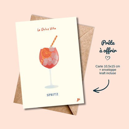 Carte postale Dolce Vita, Spritz avec enveloppe kraft prête à offrir illustration Julieroubergue
