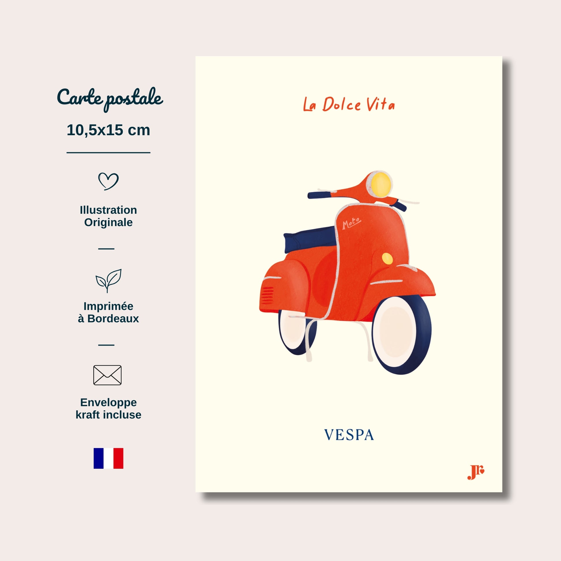 Carte postale Dolce Vita, Vespa avec informations format 10,5x15 cm papier épais impression de qualité