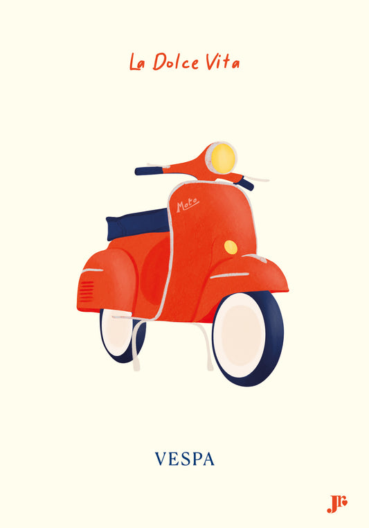 Carte postale Dolce Vita, Vespa illustration colorée format 10,5x15 cm. Illustration originale de Julie Roubergue
