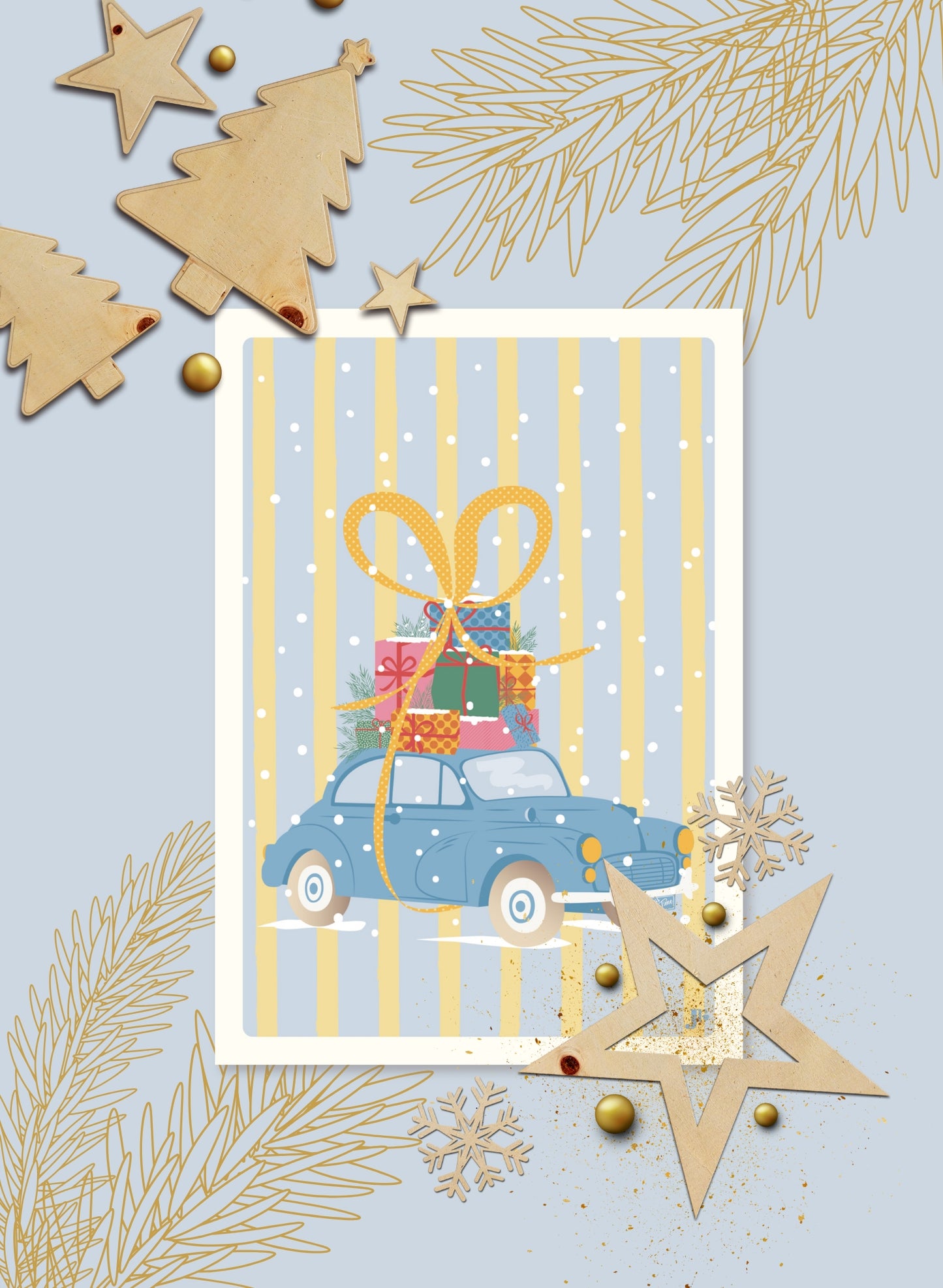 Illustration de la carte postale En route pour Noël, voiture rétro chargée de paquets cadeaux et ruban jaune à pois dans un décor de Noël.